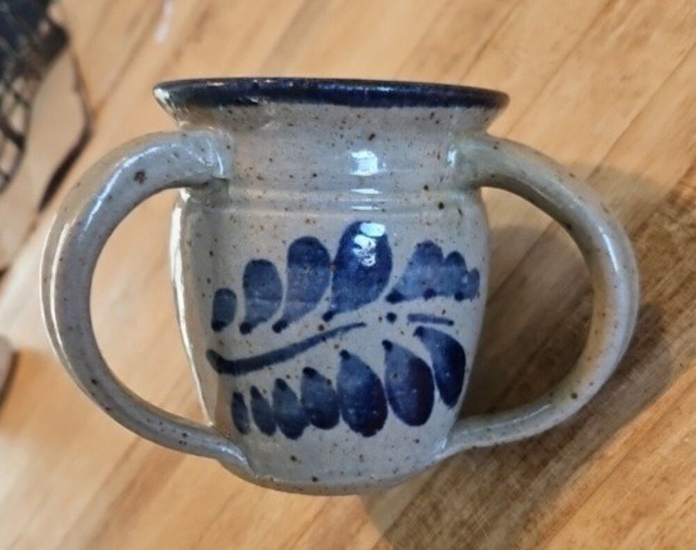 Three handle Loving Cup Signed Studio Art Pottery Salt Glaze Cobalt Leaf Feather